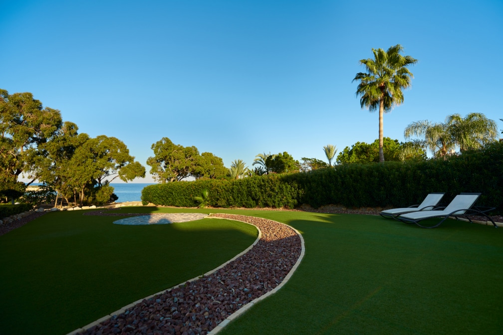 Grass with a path leading to the sea. Deckchairs are on the grass and a palm tree is in the background.